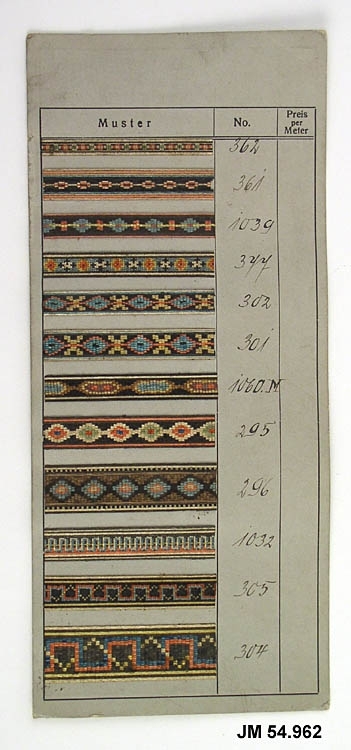 Intarsiaprover, 21 st, monterade på bägge sidor av en pappskiva med tre olika fält: "Muster", "No." och "Preis per Meter". Intarsiaproverna är rikt dekorerade: meanderbårder, fågelmotiv, blommönster, olika geometriska mönster m.m. Handskrivna nummer till höger om proverna.
