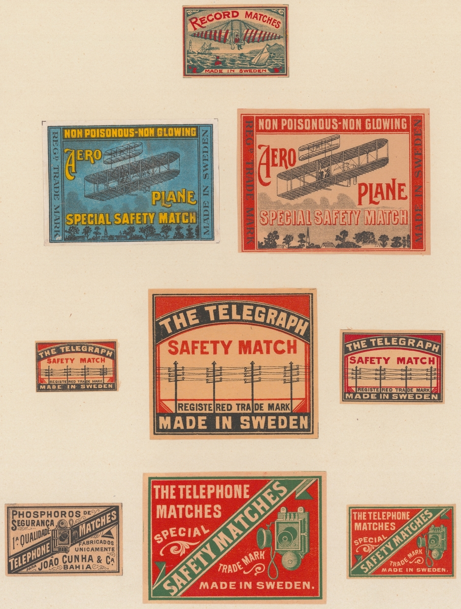 Etiketter för tändsticksaskar, från Svenskt Industri- och Handelsmuseum.
Flygplan, elledningar, telefon.