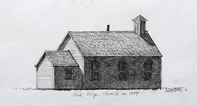 En tegning av utvandrerkirken. Oak Ridge Church slik den antagelig var ca. 1897.