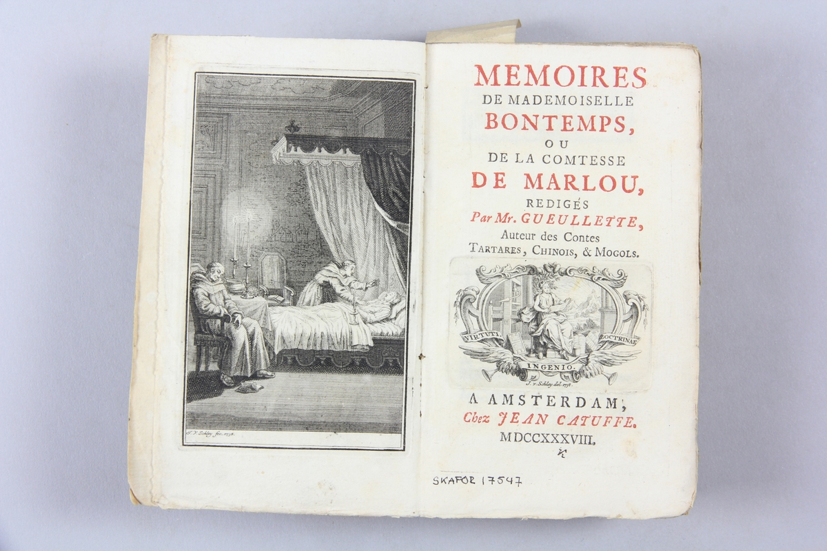 Bok, häftad, "Mémoires de mademoielle Bontemps, ou de la comtessse de Marlou" tryckt 1742 i Haag. Marmorerade pärmar, blekt rygg med påklistrade etiketter. Oskuret snitt.