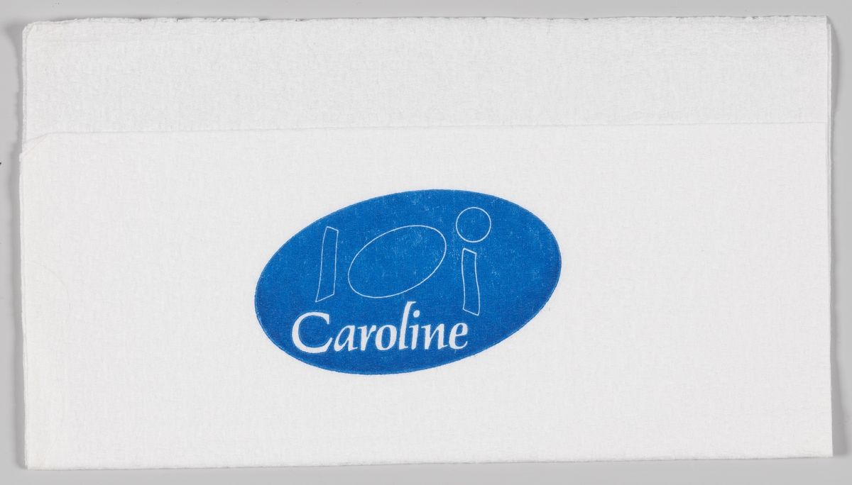 Et stilisert bord med servise og reklame for Caroline cafè.

Samme reklame på serviett MIA.00007-004-0047.