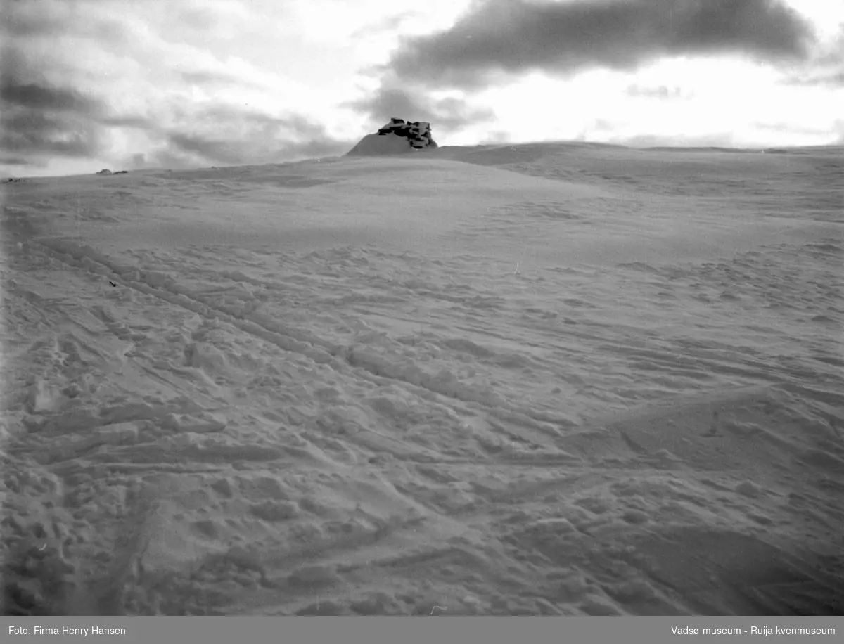 Vinikka. Vinterlandskap. Bildet viser skispor og en varde øverst på bakketoppen.