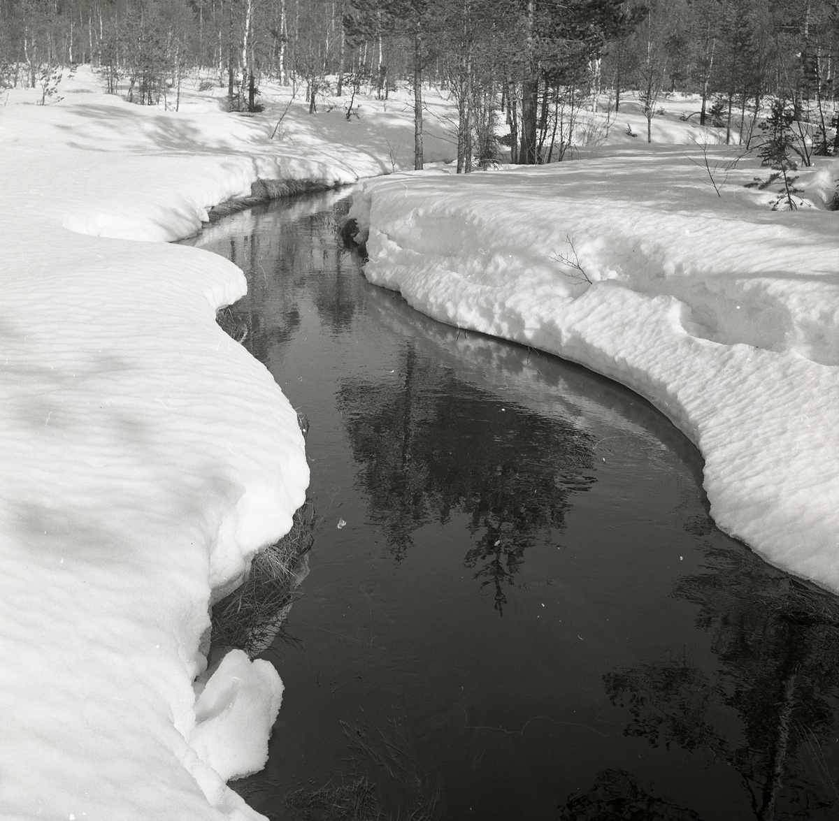 Ett vattendrag sträcker sig genom ett snötäckt landskap vid Stråsjön den 19 april 1978.