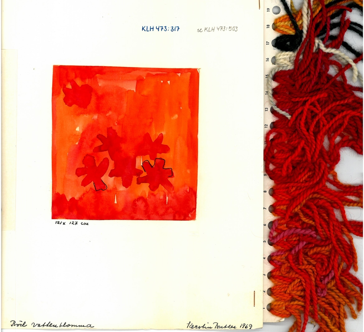 Skiss och garnblandning till flossa- och ryamatta Röd vattenblomma
Formgivning: Kerstin Butler 1969