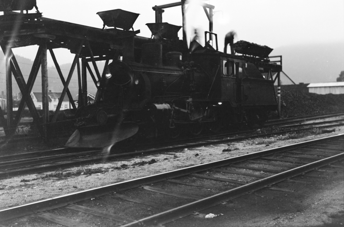 Damplokomotiv type 21b nr. 294 ved kullingsanlegget på Kongsberg stasjon.
