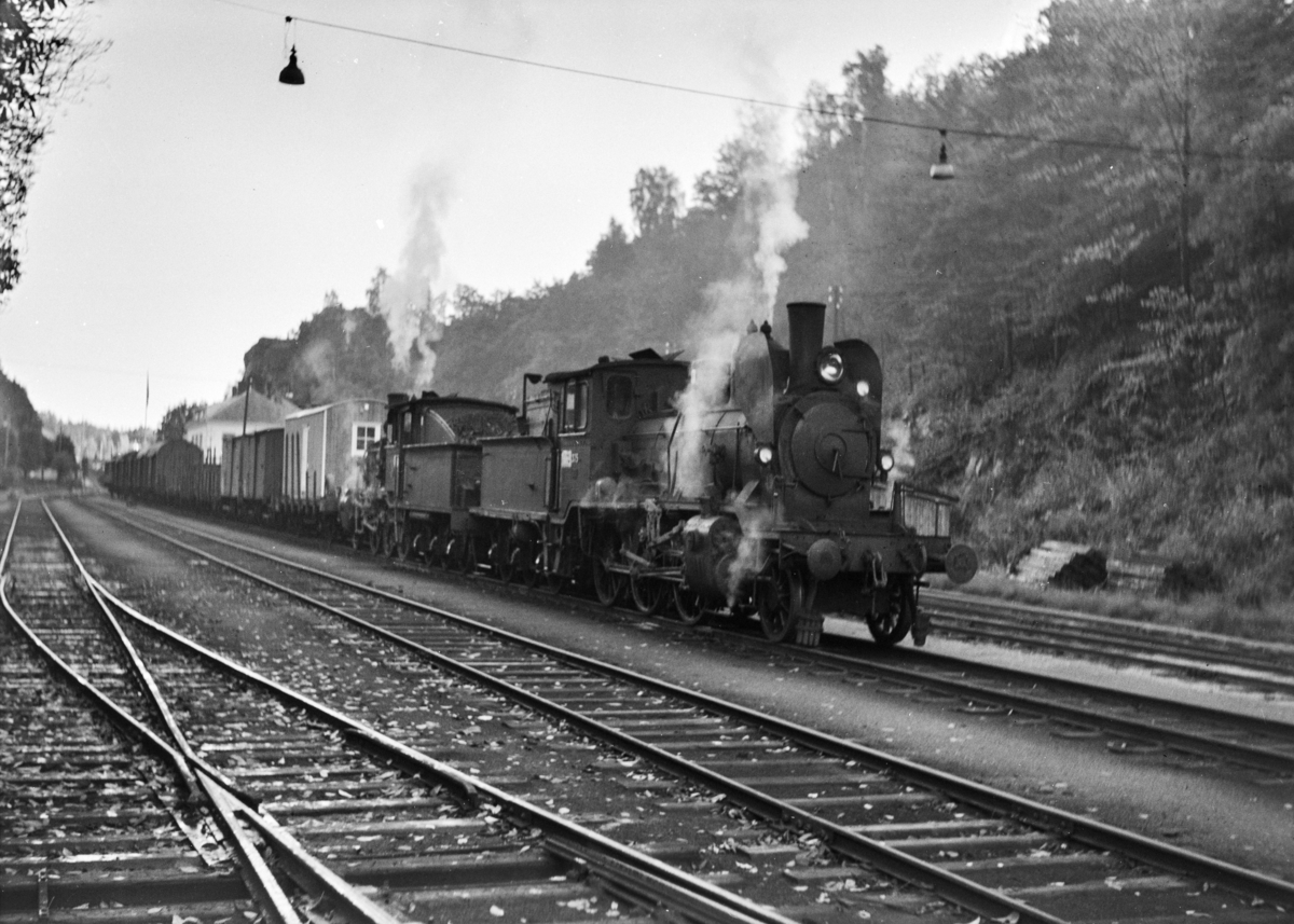 Damplokomotiv type 21b nr. 225 og 21c nr. 376 med godstog på Arendal stasjon.