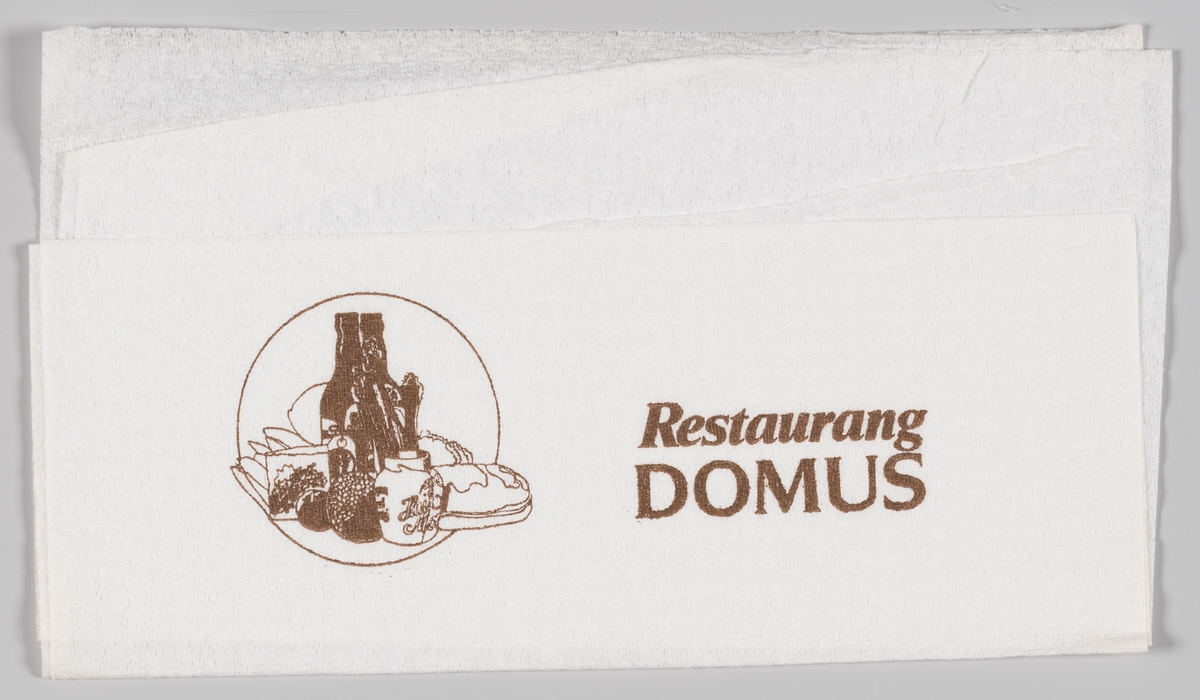 En tegning av mat og drikkeflasker og reklame for Restaurang Domus.