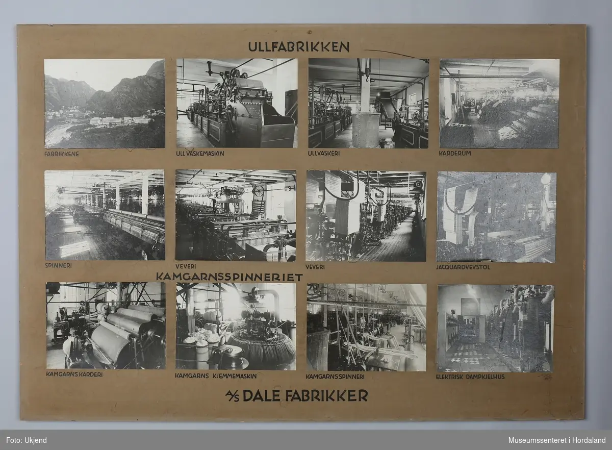 Fotomontasje med bilete frå produksjonen ved Ullvarefabrikken ved Dale Fabrikker i Vaksdal
