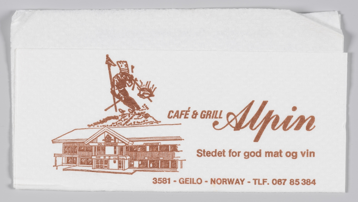 En tegning av en alpinist og kafebygning, en hotellbygning og en reklametekst for Cafè, Grill og Hotell Alpin på Geilo.