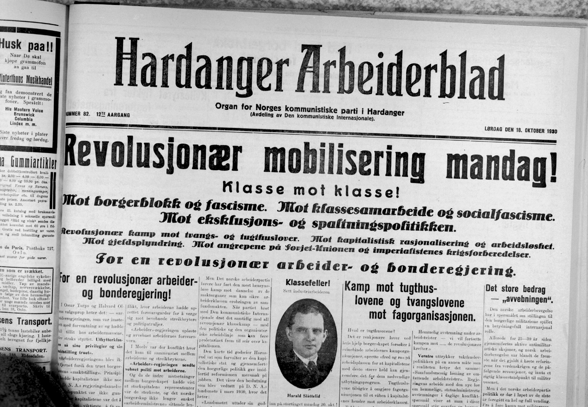 Forsida på avisa Hardanger Arbeiderblad 18. oktober 1930