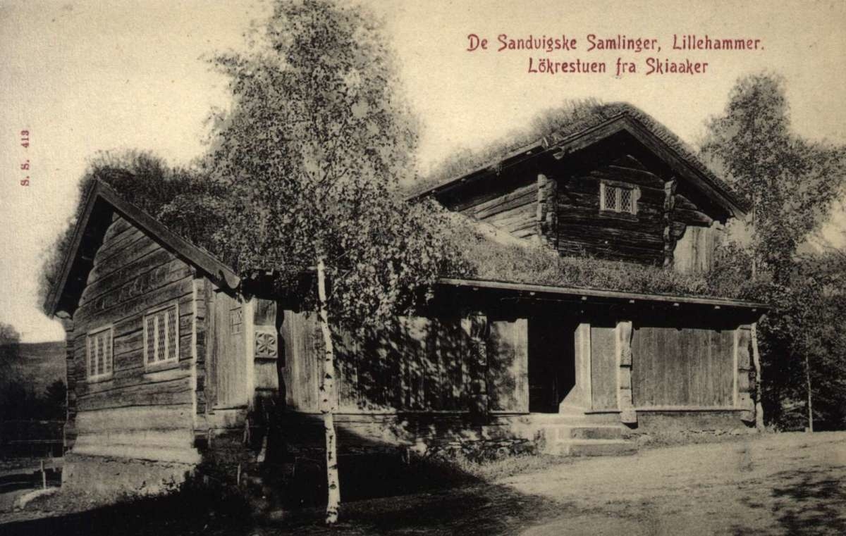 Postkort.  "De Sandvigske Samlinger, Lillehammer. Løkrestuen fra Skiaaker".