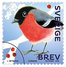 Frimärken i häfte med tio självhäftande frimärke med motiv av tio olika sorters vinterfåglar. Valör Brev.