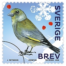 Frimärken i häfte med tio självhäftande frimärke med motiv av tio olika sorters vinterfåglar. Valör Brev.