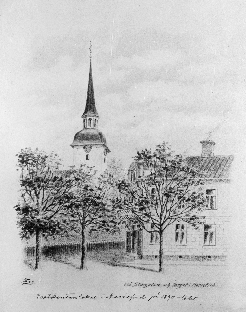 Torget vid Storgatan i Mariefred. Postkontor på 1890-talet.
