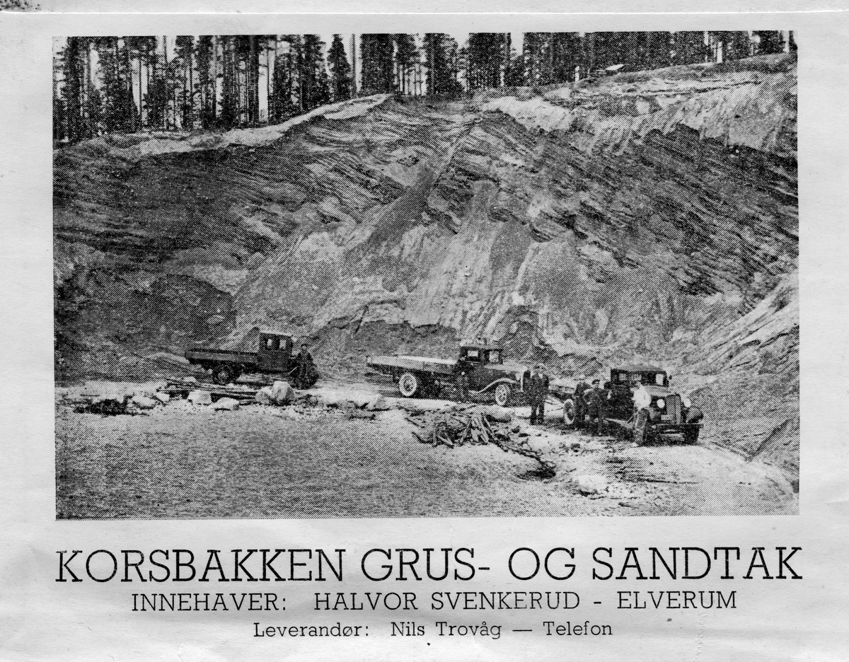 Korsbakken grus-og sandtak.Innehaver: Halvor Svenkerud,Elverum - bilde og logo på en konvolutt.