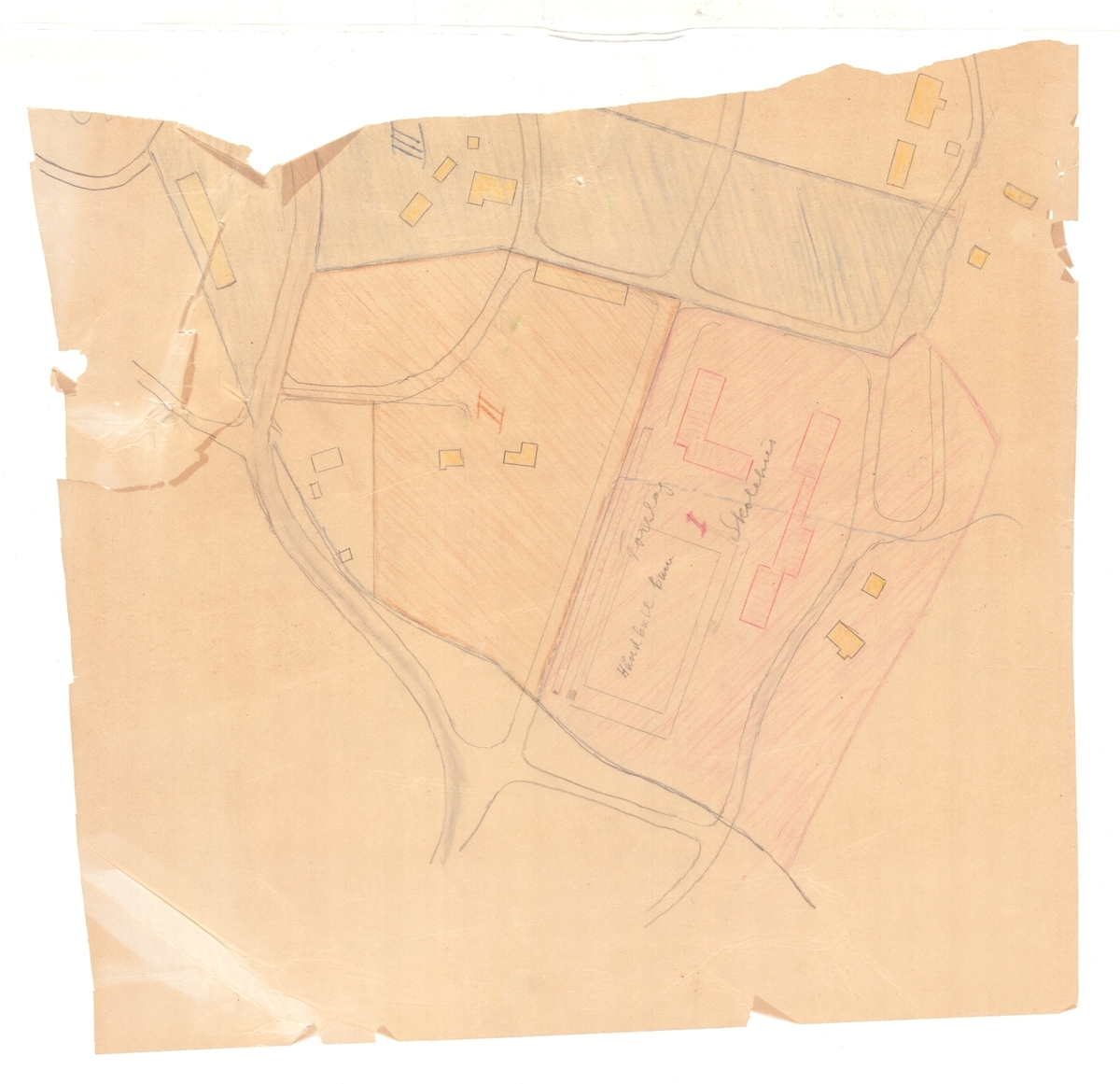 Kart og skisstetegninger over Haga gard i forbindelse med bygging av sentralskulen