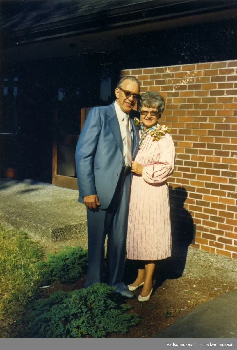 Oscar og Thelma (f.Niska) på gullbryllupsdagen, 15.06.1987. Familien Niska Skallelv/USA.
