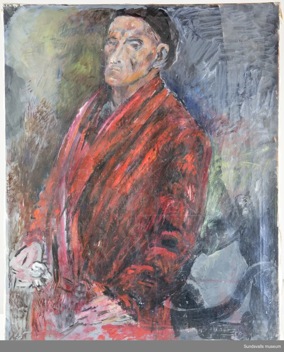 Ett självporträtt av konstnären iklädd en röd morgonrock samt en svart basker.