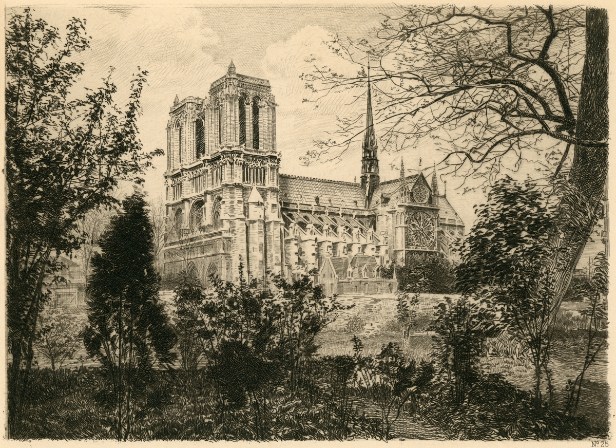 Prospekttegning av Notre Dame.