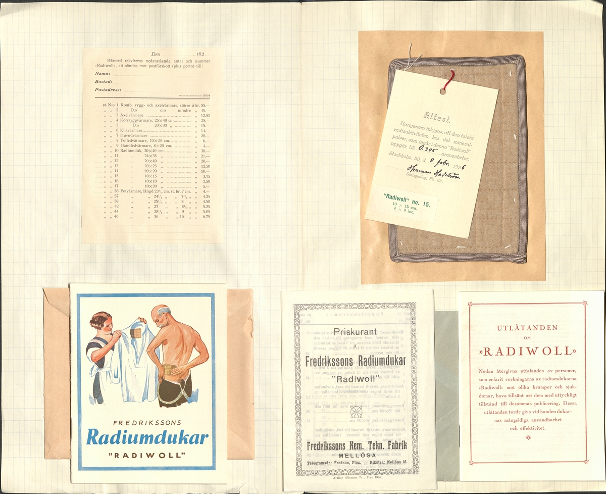 Radiumduk, "Radiwoll". Tygprov samt broschyrer och priskuranter, Västergötland (1926).
Ur Carl Sahlins bergshistoriska samling.