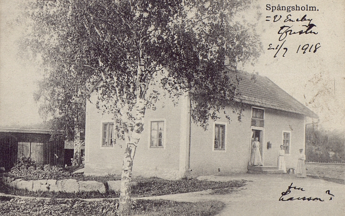 Vykort. Spångsholm, Västra Eneby socken, Kinda kommun. Telefonstation 21/9 1918.