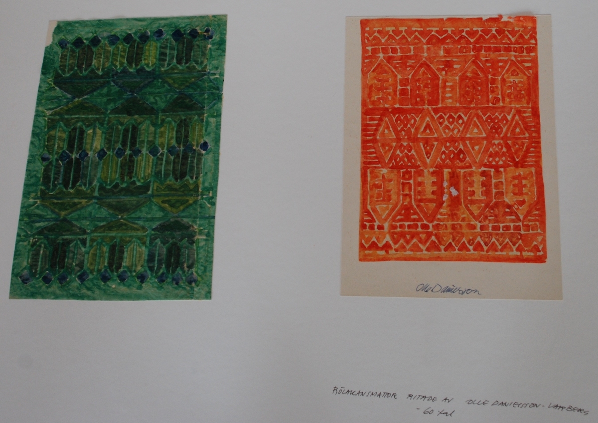 Skisser till rölakansmattor komponerade av Olle Danielsson 1960-70-talet. Mattorna vävdes i Vävkammaren i olika varianter.