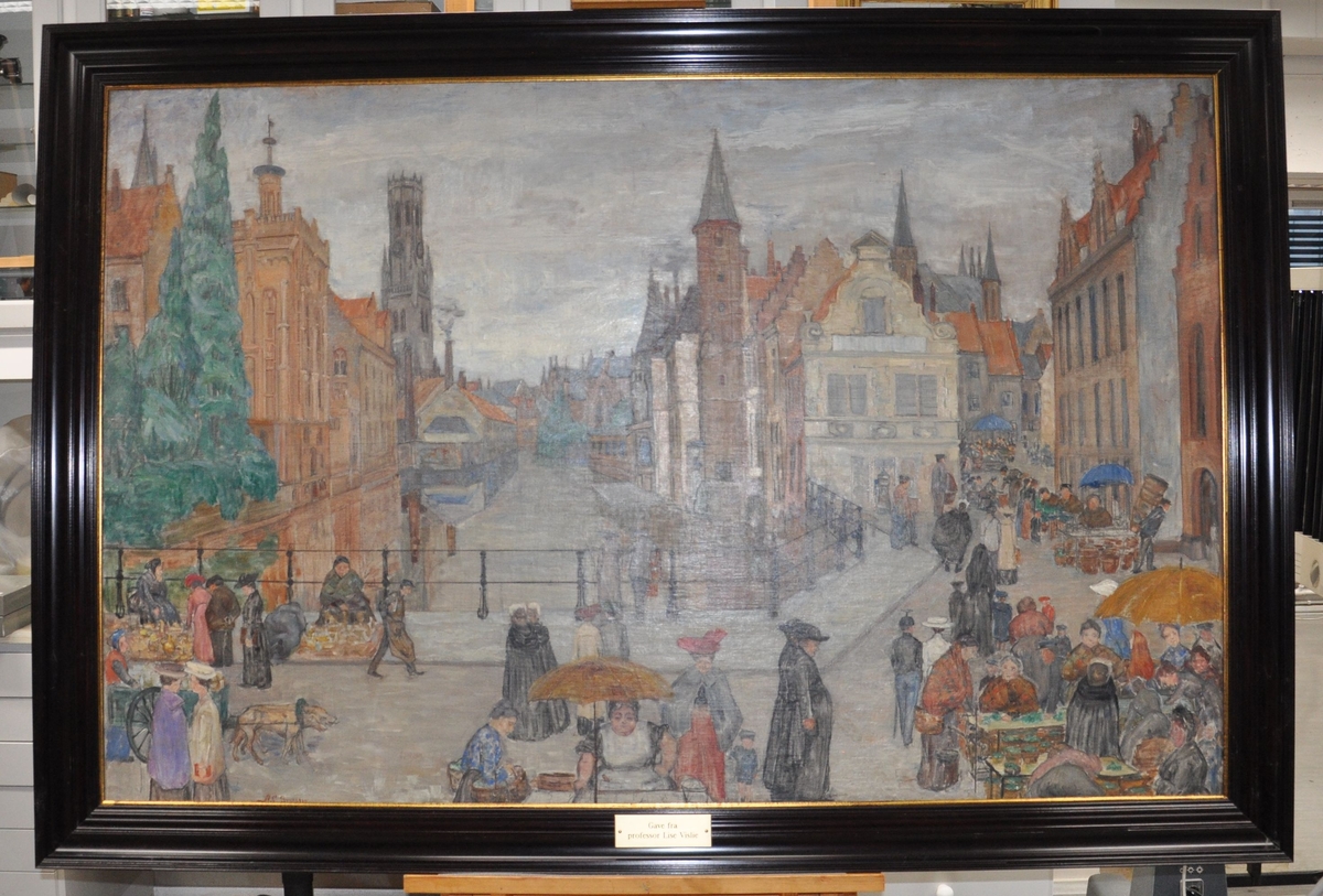Maleri med motiv av mennesker på torg i Brugge.