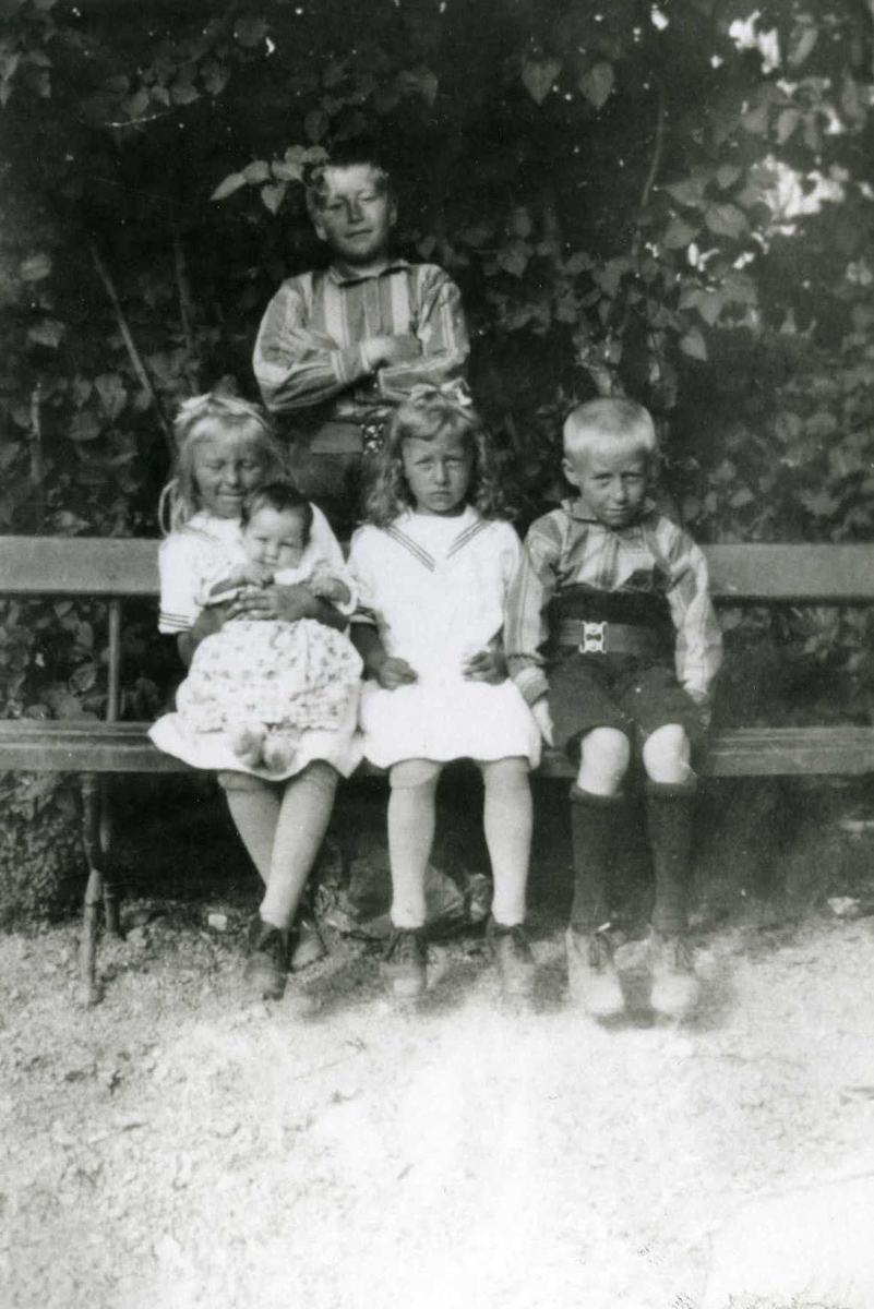 Oppstillt bilde. To jenter, en gutt og en baby sittende på en benk, en eldre gutt stående bak.
