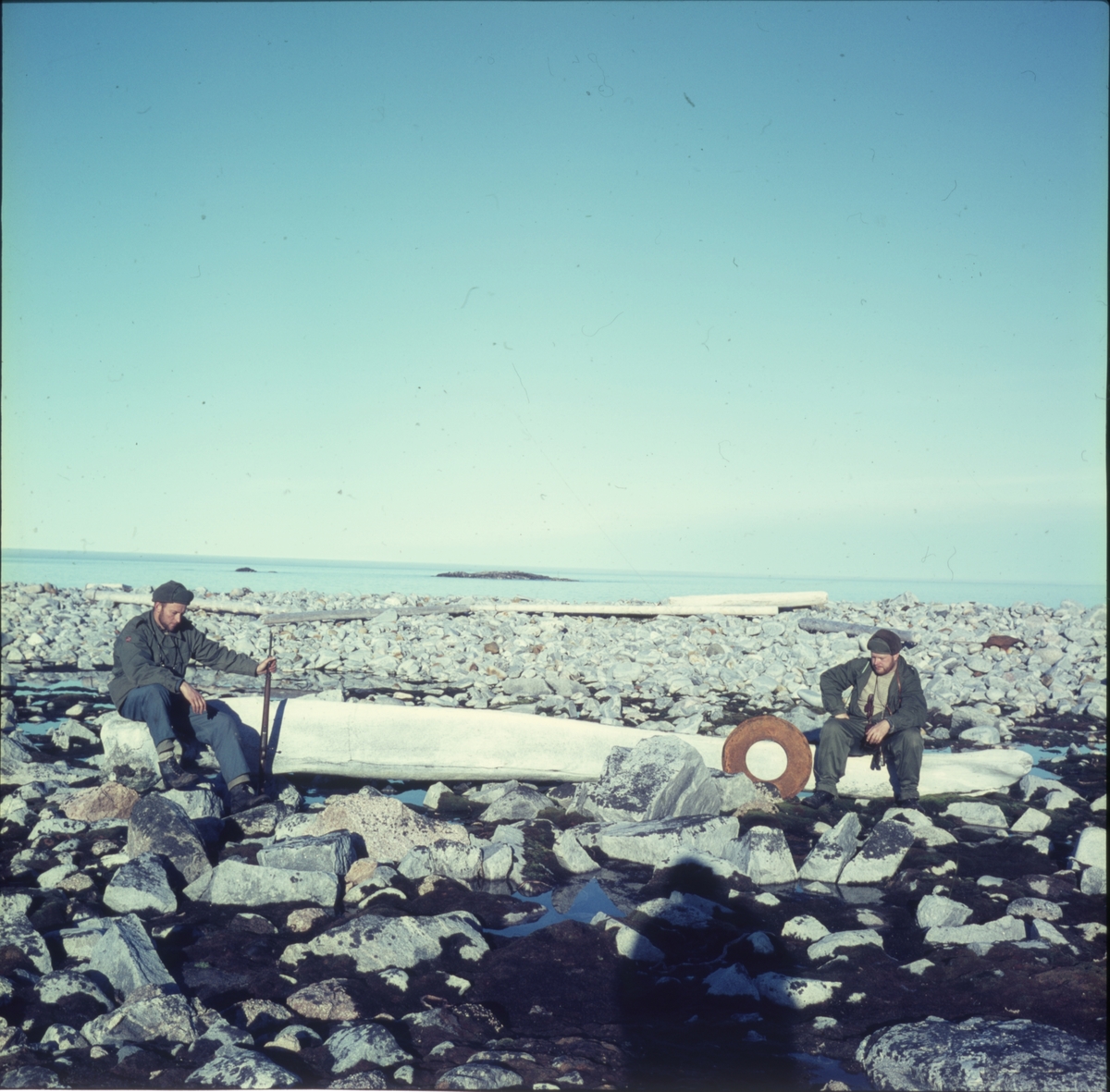 To menn ved en hvalkjeve på Svalbard. Terje Olsen til høyre