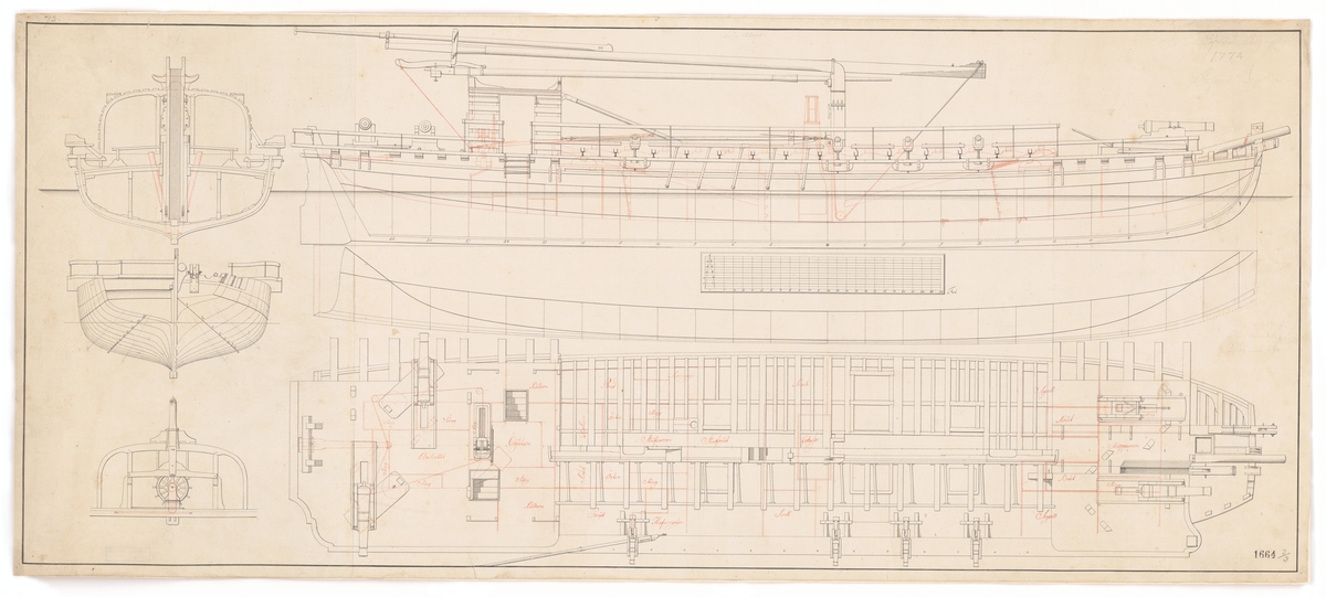 Pojamafartyget BRYNHILDA. Profil, sektioner, spant, plan och skrovlinjer.