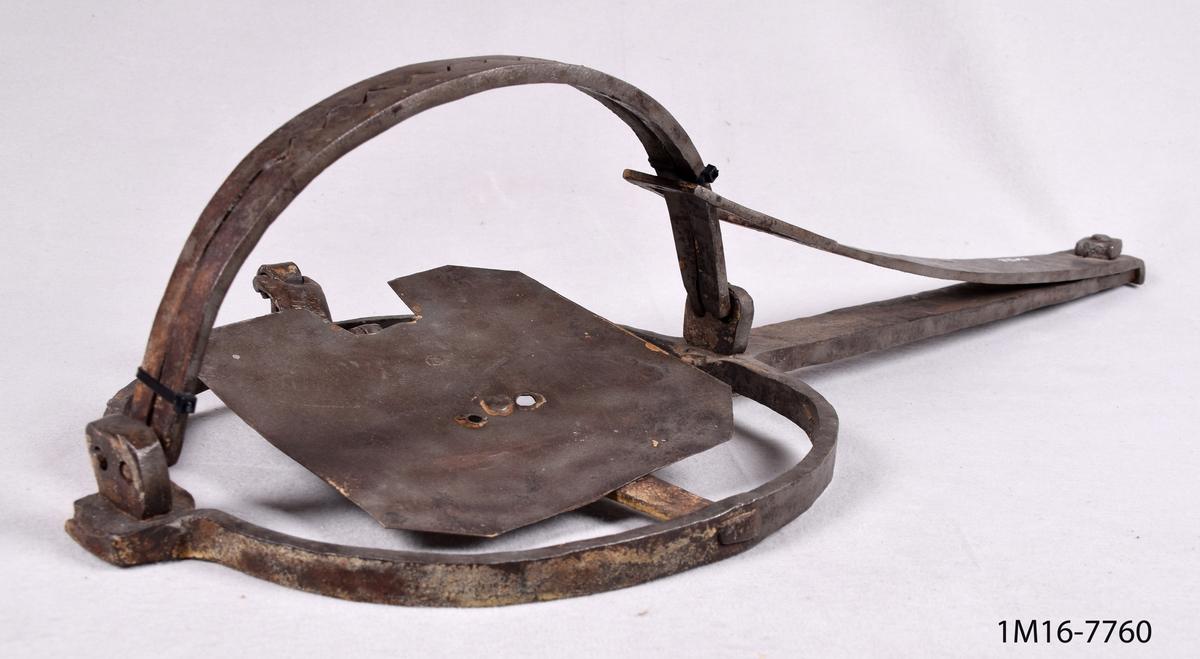 Rävsax, fångstredskap. Tillverkad av metall med dubbla skänklar som slår ihop runt djurets ben.