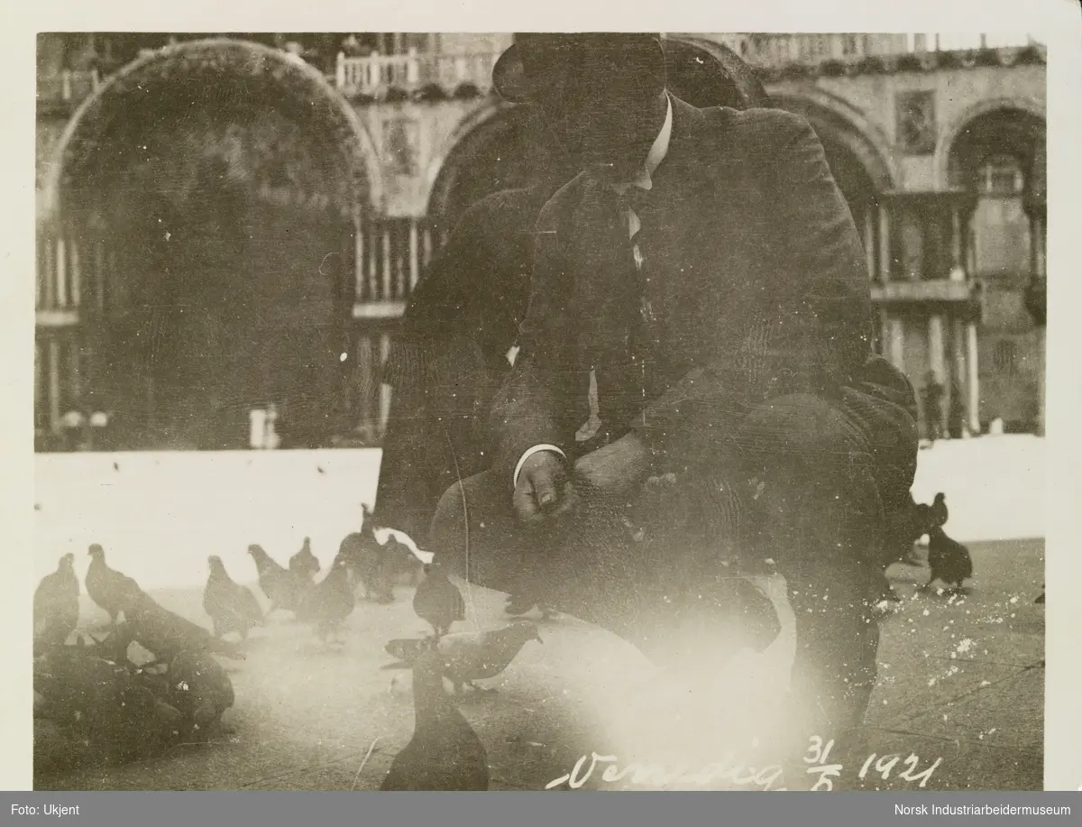 Mann sitter på huk sammen med duer på åpen plass i Venezia