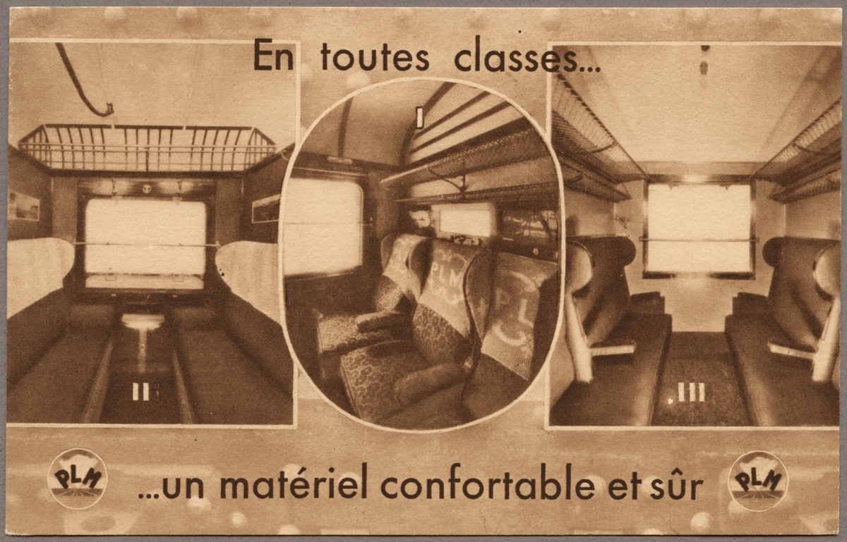 Bilder inifrån 1:a, 2:a och 3:e klassvagnar från Compagnie des chemins de fer de Paris à Lyon et à la Méditerranée, PLM.