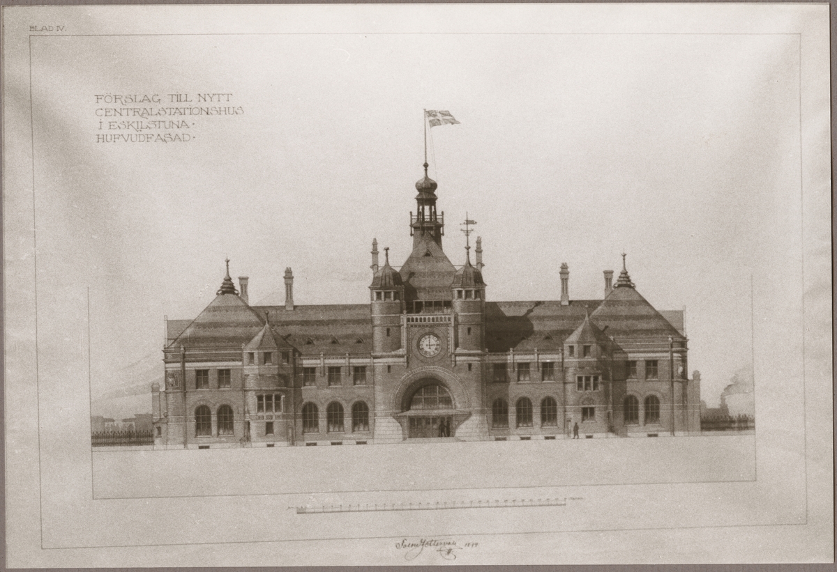 Ritning på nytt stationshus i Eskilstuna, anno 1899. Arkitekten hette Folke Zettervall.