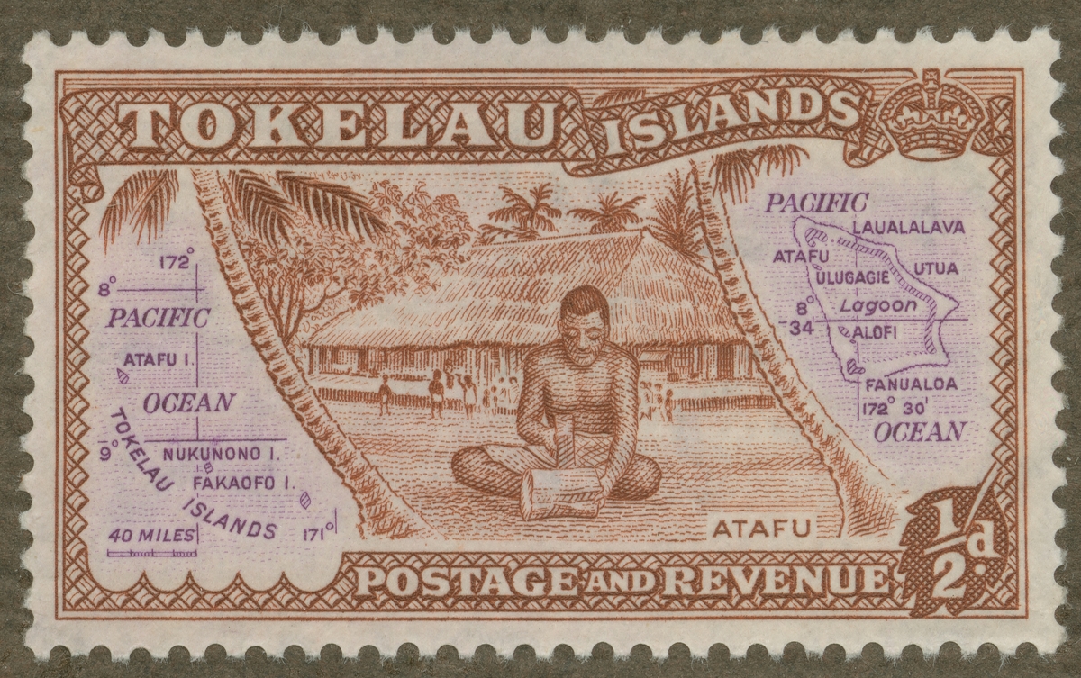 Frimärke ur Gösta Bodmans filatelistiska motivsamling, påbörjad 1950.
Frimärke från Tokelau-öarna, 1948. Motiv av hydda på ön Atafu samt karta över Tokelau-öarna.