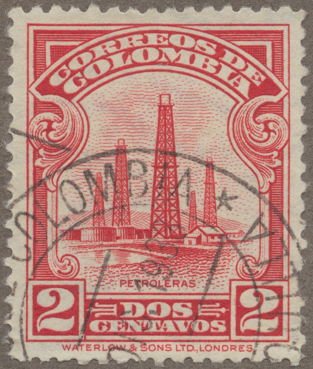Frimärke ur Gösta Bodmans filatelistiska motivsamling, påbörjad 1950.
Frimärke från Colombia, 1932. Motiv av petroleumtorn.