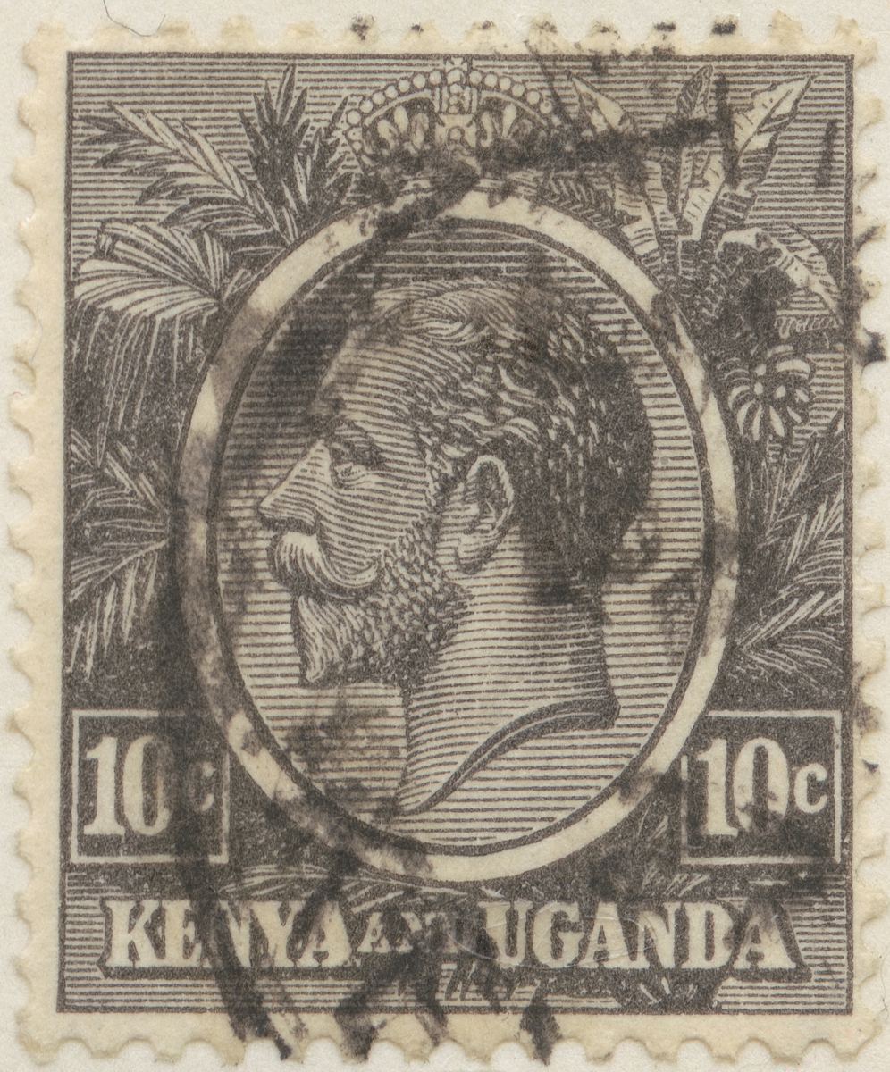Frimärke ur Gösta Bodmans filatelistiska motivsamling, påbörjad 1950.
Frimärke från Kenya, 1922. Motiv av banan, dadel och Kung George V.