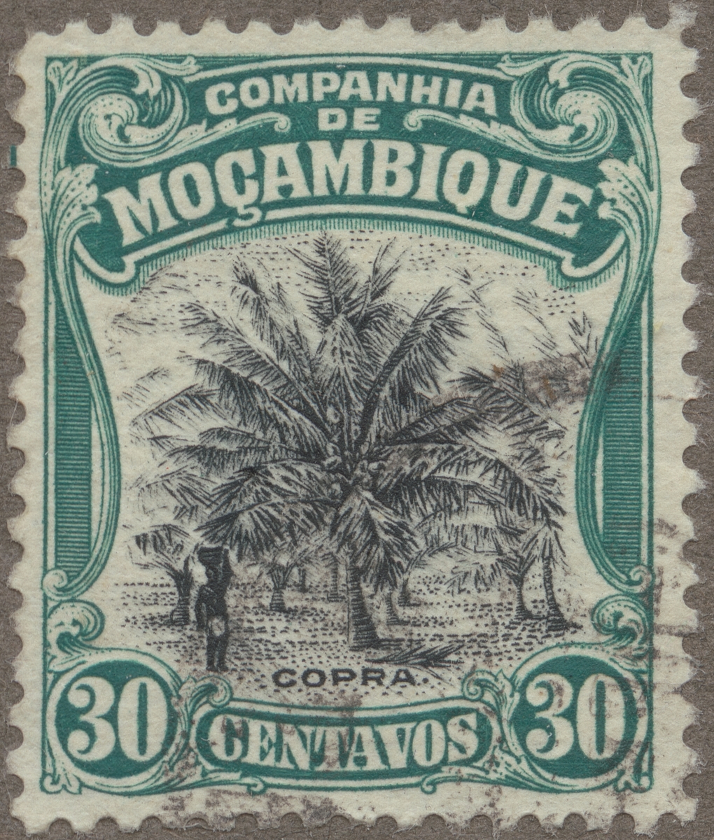 Frimärke ur Gösta Bodmans filatelistiska motivsamling, påbörjad 1950.
Frimärke från Companhia de Mocambique, Ostafrika, 1918. Motiv av copra ur kokosnötter för kokosfett.
