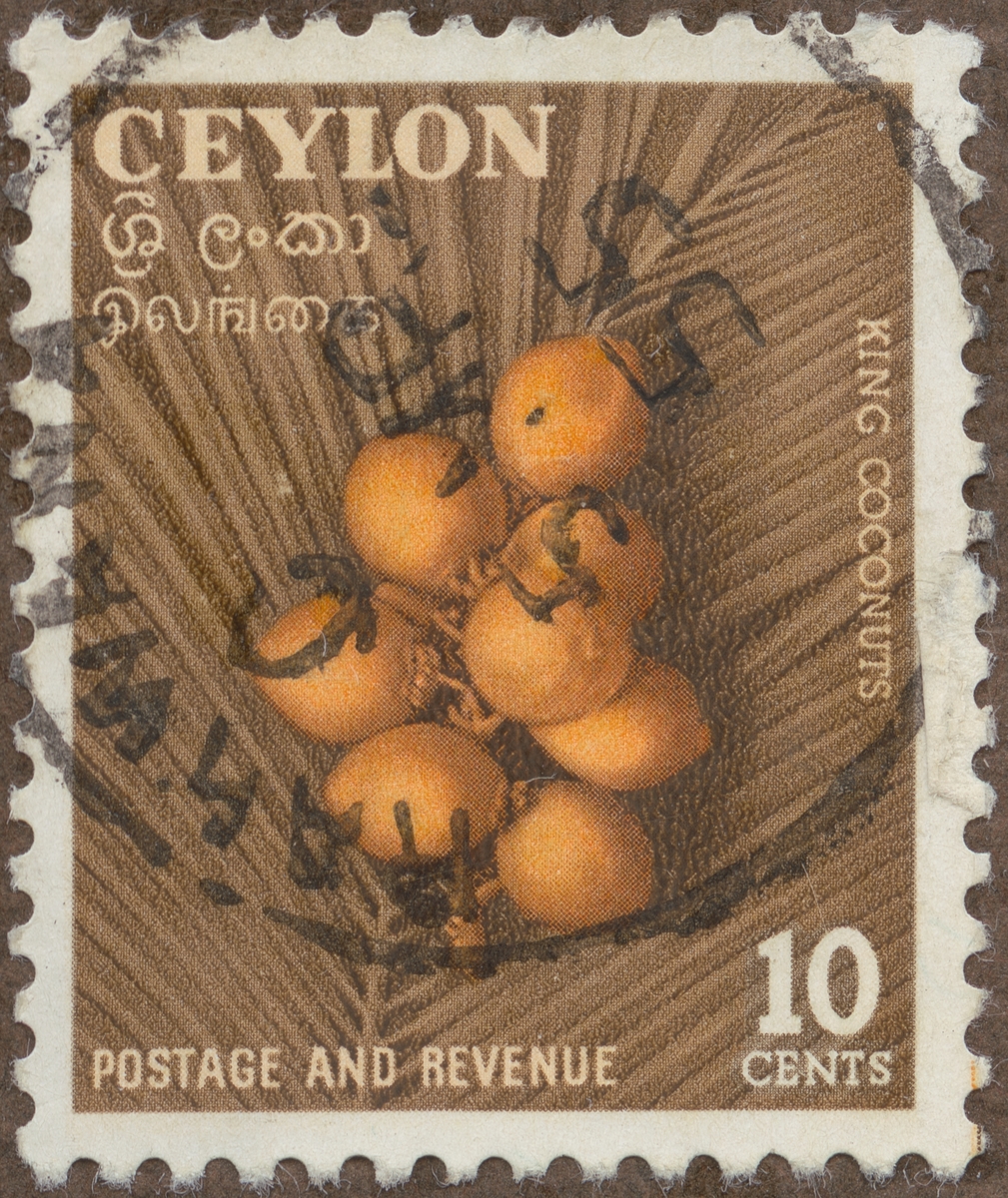 Frimärke ur Gösta Bodmans filatelistiska motivsamling, påbörjad 1950.
Frimärke från Ceylon, 1954. Motiv av så kallade "King" kokosnötter.