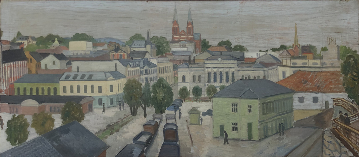 Byportrett av Skien med kirken, rådhuset og togstasjon synlig i motivet. 