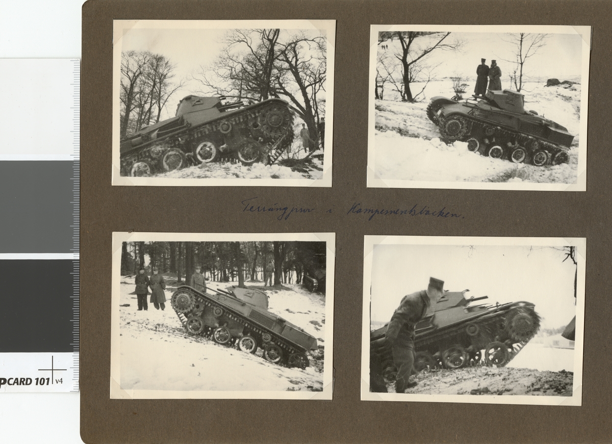 Text i fotoalbum: "AIHS studiebesök vid I 2 strdvbat (Göta livgardes stridvagnsbataljon) 19.1.1938. Terrängprov i Kampementsbacken."