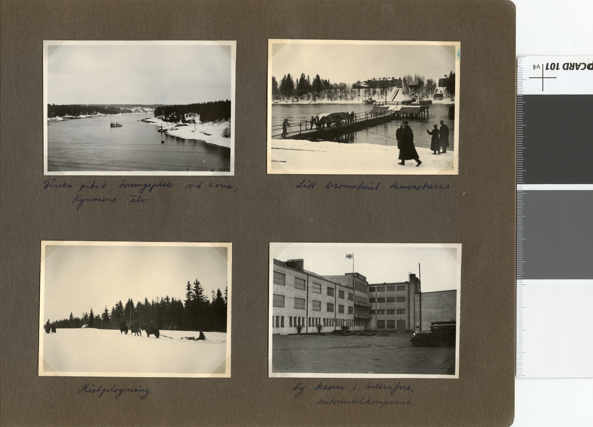 Text i fotoalbum: "Studieresa med general Alm till Finland 1.-12. mars 1939. Finska pibat övningsplats vid Koria, Kymmeneälv."