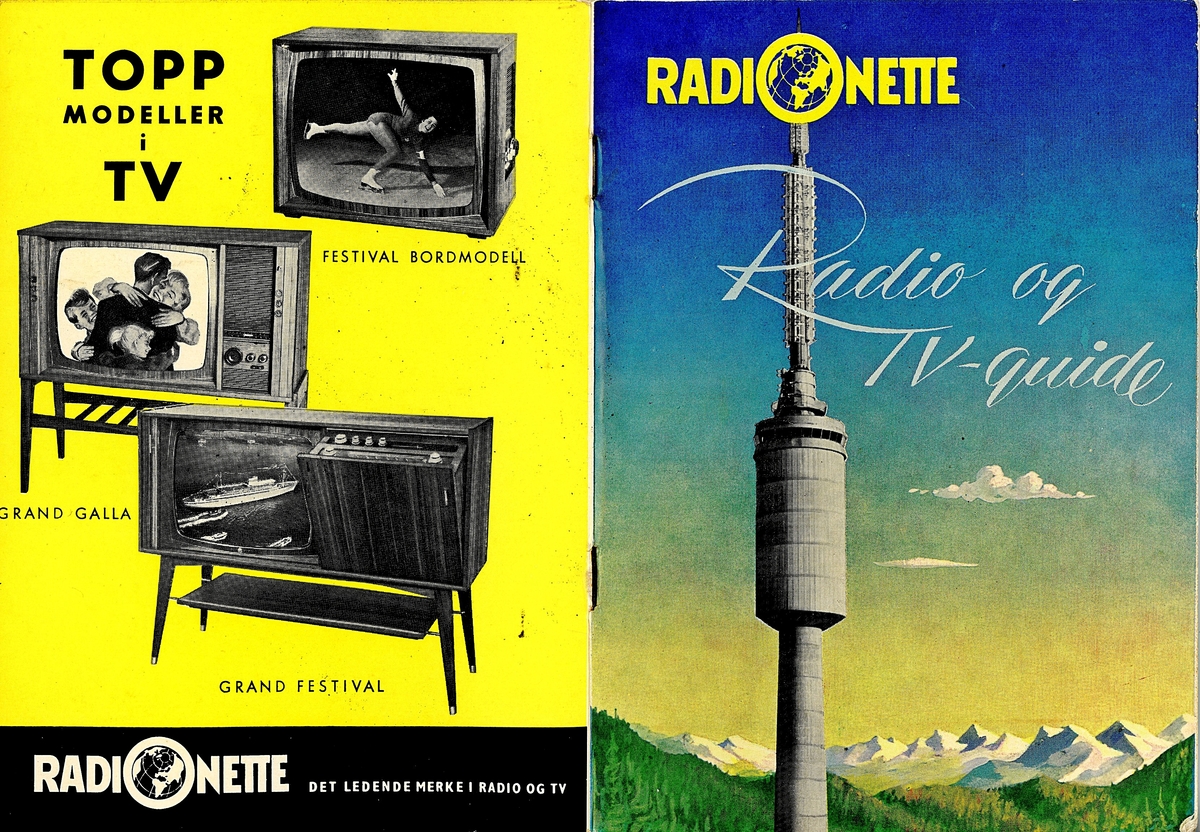 Lite rektangulært hefte med fargetrykk på omslaget. TV og radioguide frå 1964, med reklame for Radionette.