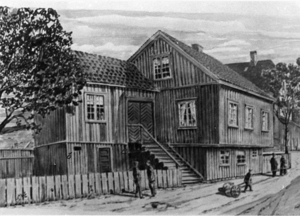 foto av tegning av "Barthegaarden" ved Lilletorvet. et av byens eldste hus,  Byggningen ble nedtatt og flyttet til Folkemuseet på Bygdø ca 1923.