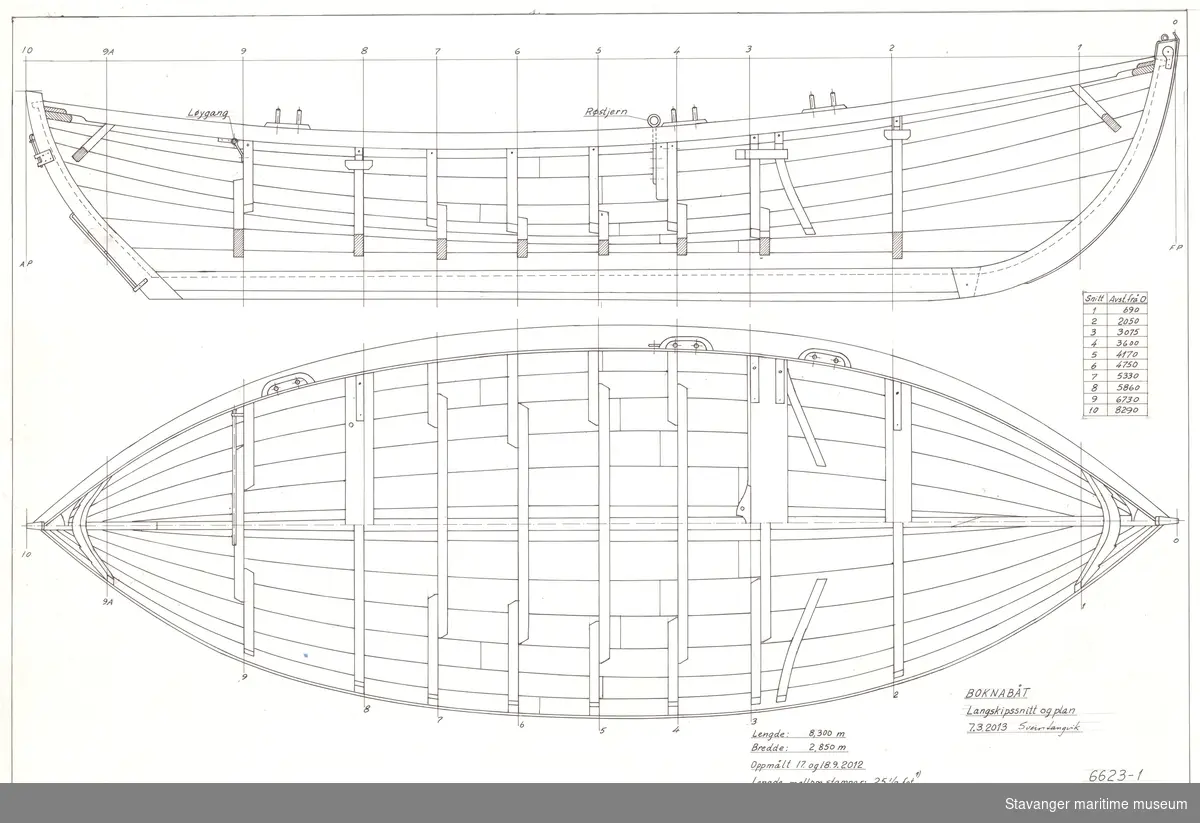 Oppmålingstegning av bruksbåt på folie, tegnet med penn. Langskipssnitt og plan.