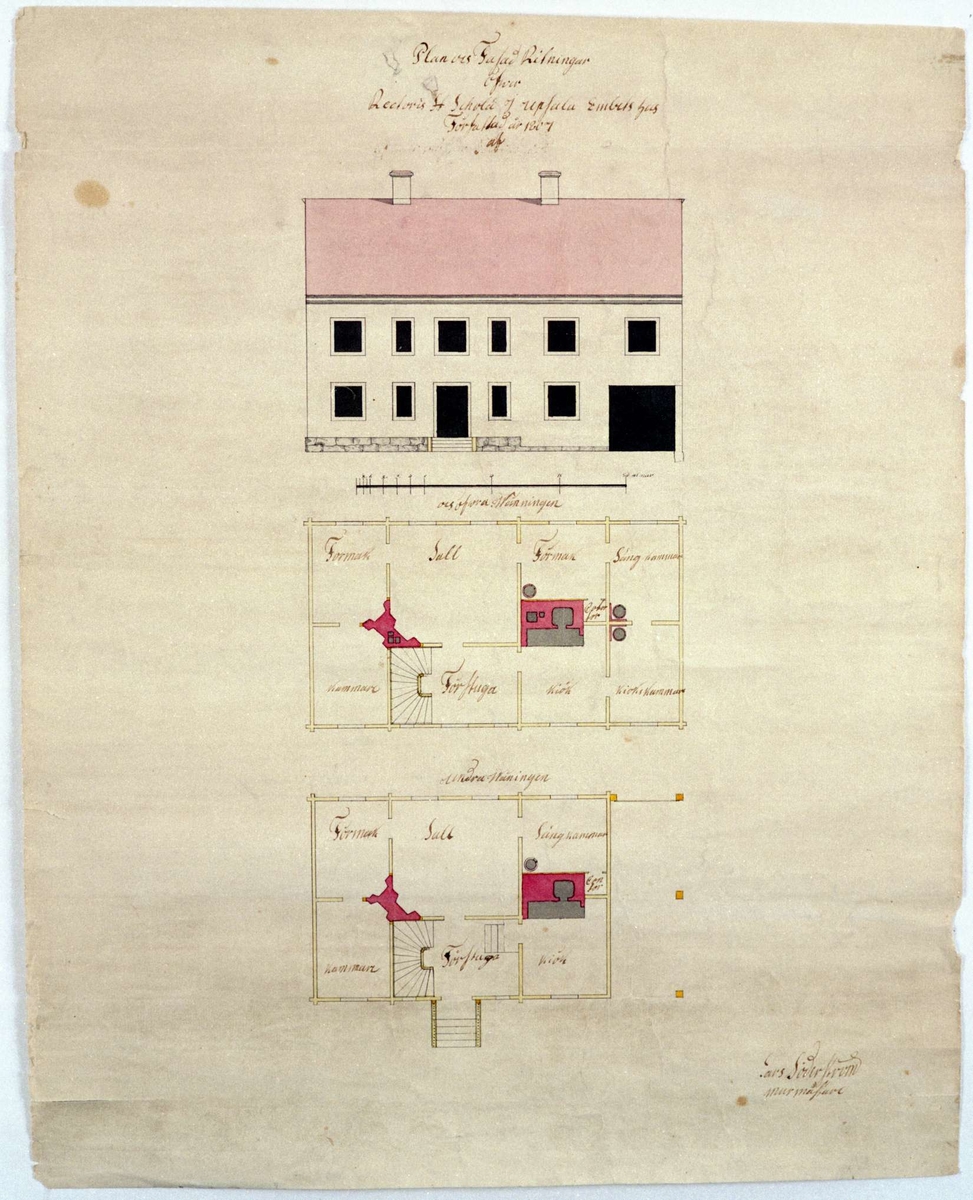 Plan- och fasadritningar till rektorsbostad i Uppsala, 1804