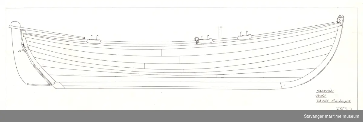 Oppmålingstegning av bruksbåt på folie, tegnet med penn. Profil.
