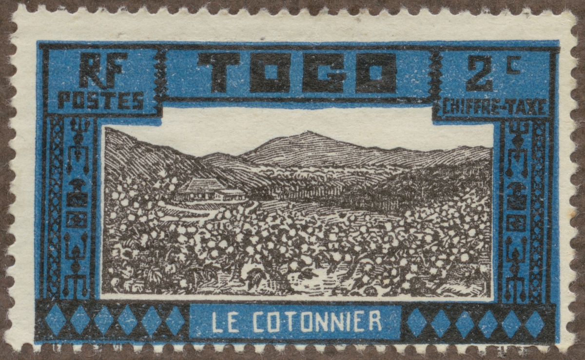 Frimärke ur Gösta Bodmans filatelistiska motivsamling, påbörjad 1950.
Frimärke från Togo, 1925. Motiv av bomullsplantage i Franska Togo, Västafrika.