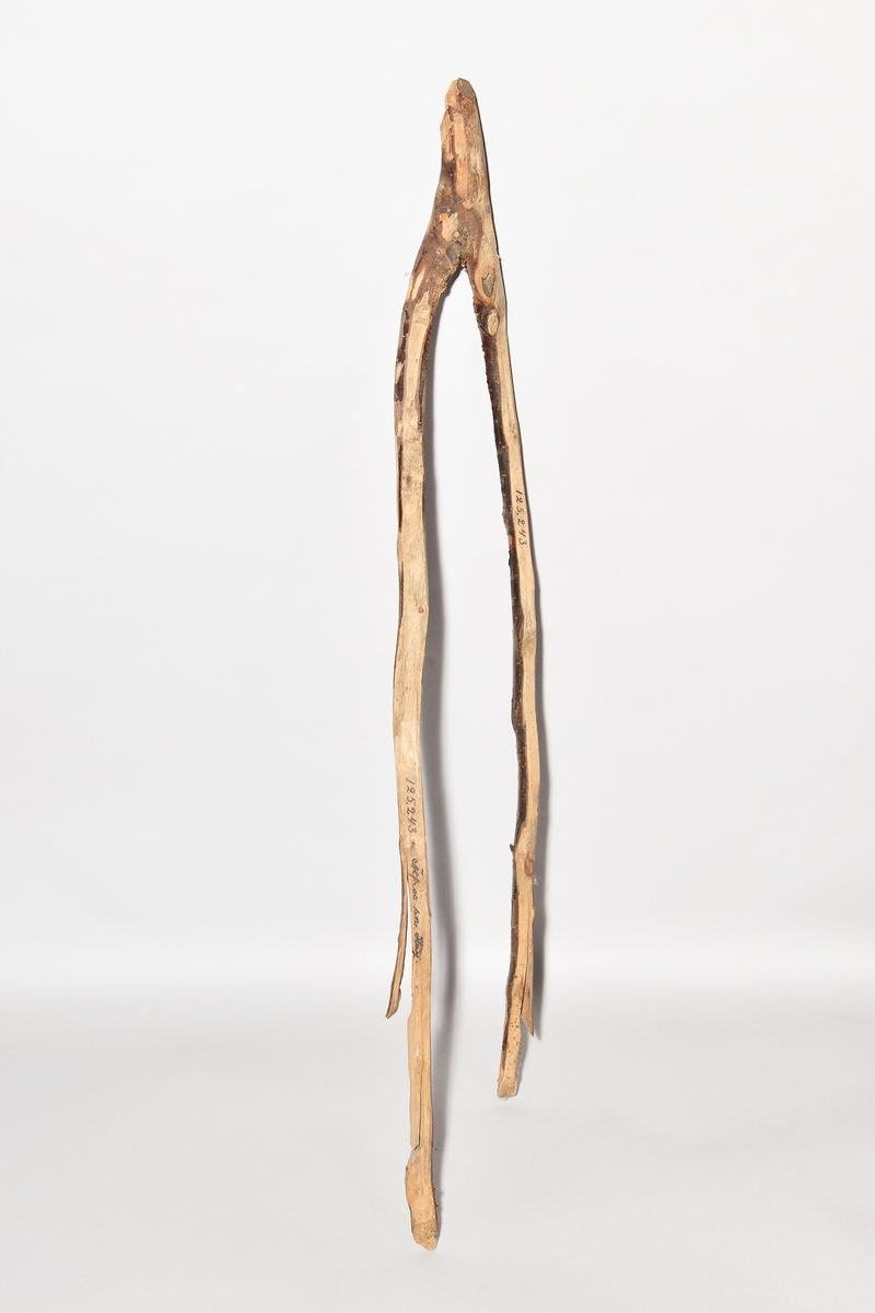 Skinnvilla av självvuxet trä i form av klyka med långa armar, delvis avskalad bark.