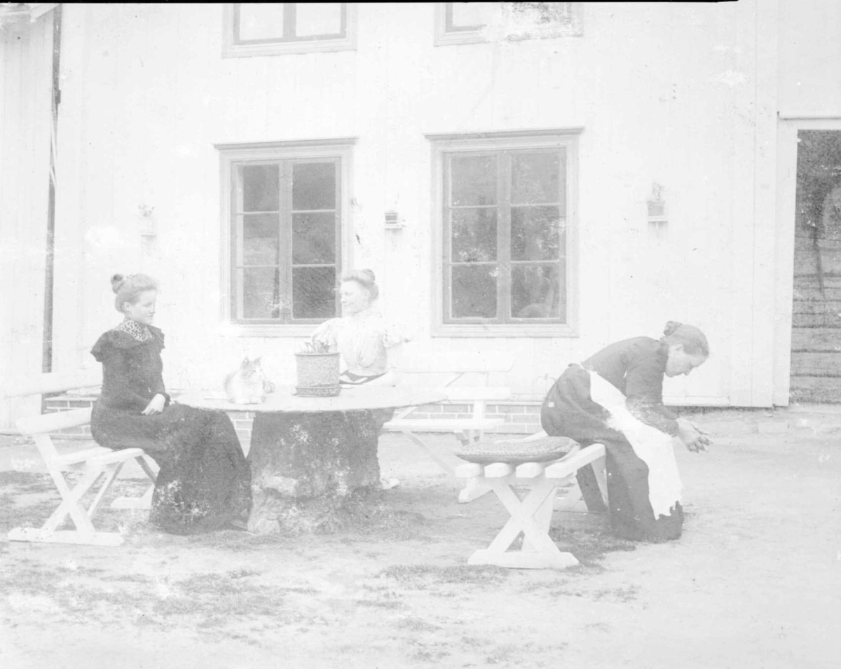 Repro: Tre kvinner sittende på gårdsplass på Vingnes.